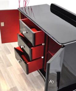 Art Deco Commode, highgloss black finish, piano lacquer, wonderful curved foot, great chrome elements