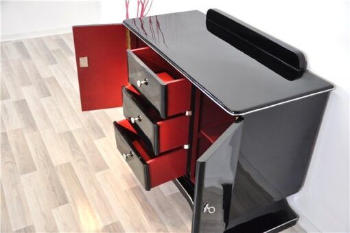 Art Deco Commode, highgloss black finish, piano lacquer, wonderful curved foot, great chrome elements