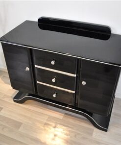 Art Deco Commode, highgloss black finish, piano lacquer, wonderful curved foot, great chrome elements