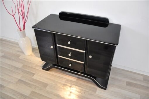 Art Deco Commode, highgloss black finish, piano lacquer, wonderful curved foot, great chrome elements