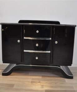 Art Deco Commode, highgloss black finish, piano lacquer, wonderful curved foot, great chrome elements