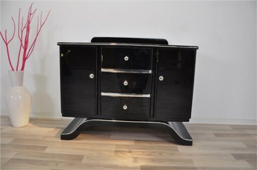 Art Deco Commode, highgloss black finish, piano lacquer, wonderful curved foot, great chrome elements