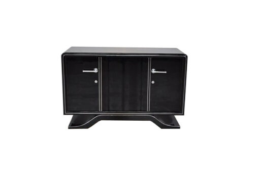 Highgloss Art Deco Sideboard, Pianolacquer, Chromelines, round Body Form, clean interior