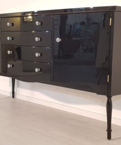 Art Deco Commode, curved body, highgloss black pianolacquer, chrome handles, wonderful feet