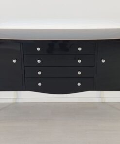 Art Deco Commode, curved body, highgloss black pianolacquer, chrome handles, wonderful feet