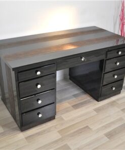 Art Deco Desk, highglossblack pianolacquer,leatherapllications with snake effect, 9 drawers, 3 pull out drawers