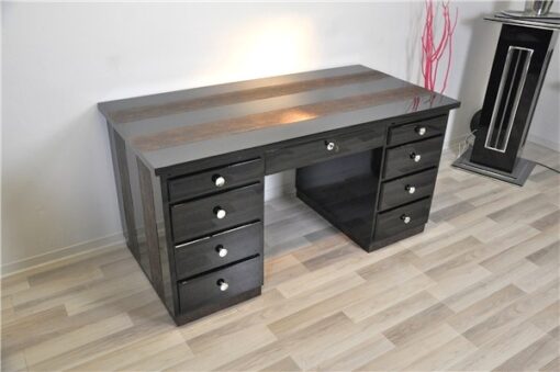 Art Deco Desk, highglossblack pianolacquer,leatherapllications with snake effect, 9 drawers, 3 pull out drawers