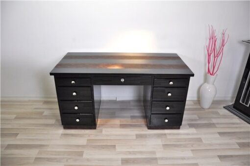 Art Deco Desk, highglossblack pianolacquer,leatherapllications with snake effect, 9 drawers, 3 pull out drawers