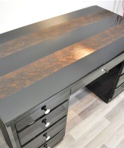 Art Deco Desk, highglossblack pianolacquer,leatherapllications with snake effect, 9 drawers, 3 pull out drawers