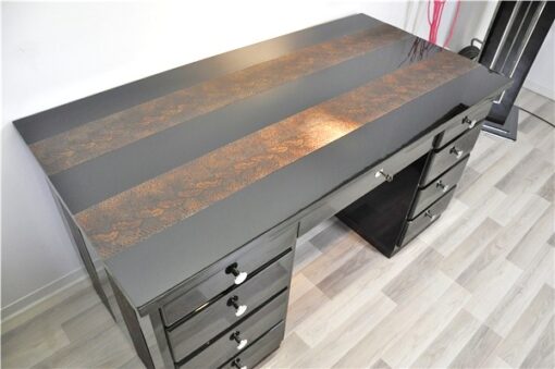 Art Deco Desk, highglossblack pianolacquer,leatherapllications with snake effect, 9 drawers, 3 pull out drawers