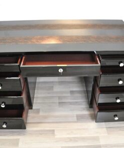 Art Deco Desk, highglossblack pianolacquer,leatherapllications with snake effect, 9 drawers, 3 pull out drawers