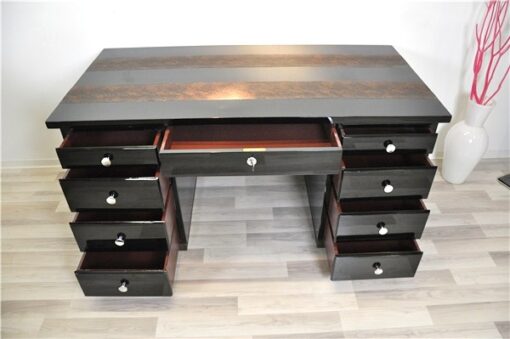 Art Deco Desk, highglossblack pianolacquer,leatherapllications with snake effect, 9 drawers, 3 pull out drawers