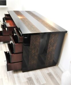 Art Deco Desk, highglossblack pianolacquer,leatherapllications with snake effect, 9 drawers, 3 pull out drawers