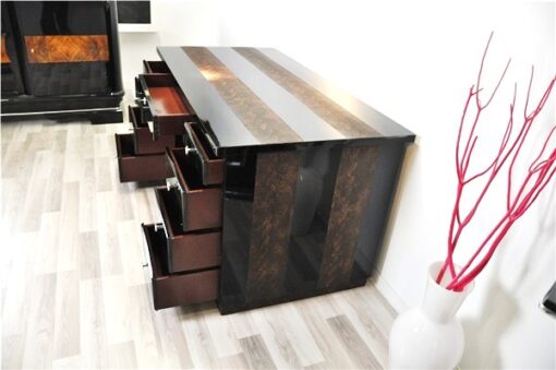 Art Deco Desk, highglossblack pianolacquer,leatherapllications with snake effect, 9 drawers, 3 pull out drawers