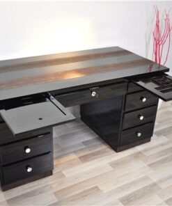 Art Deco Desk, highglossblack pianolacquer,leatherapllications with snake effect, 9 drawers, 3 pull out drawers