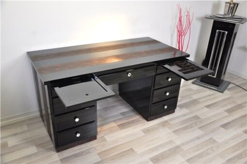 Art Deco Desk, highglossblack pianolacquer,leatherapllications with snake effect, 9 drawers, 3 pull out drawers