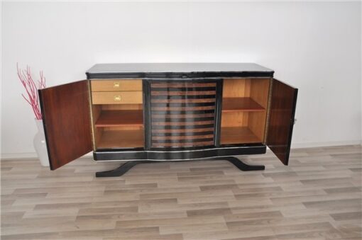 Art Deco Sideboard, striped walnut furnier, pianolacquer , wonderful foot, Eyecatcher