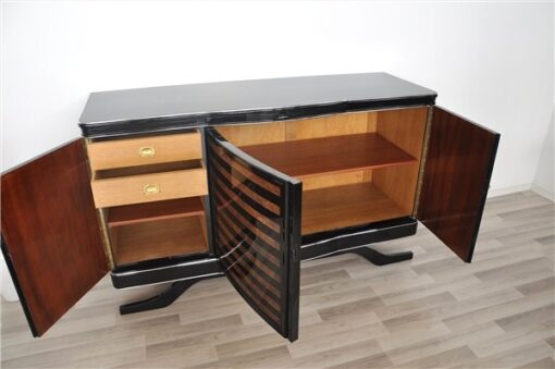 Art Deco Sideboard, striped walnut furnier, pianolacquer , wonderful foot, Eyecatcher