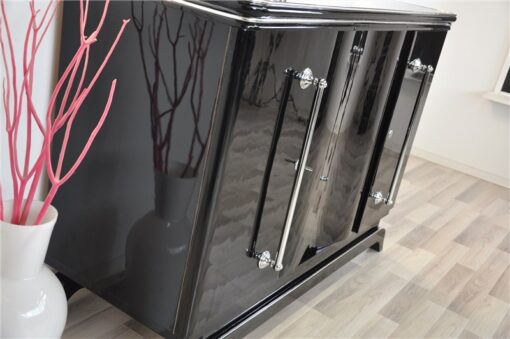 Art Deco Highboard, big chrome handles, highgloss black lacquer, plenty of storage space, clear design