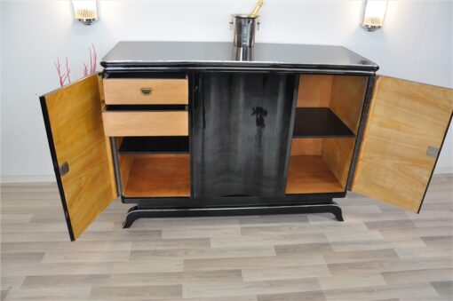 Art Deco Highboard, big chrome handles, highgloss black lacquer, plenty of storage space, clear design