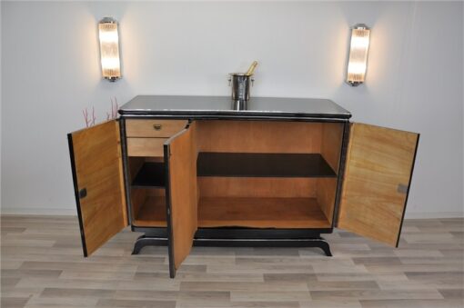 Art Deco Highboard, big chrome handles, highgloss black lacquer, plenty of storage space, clear design