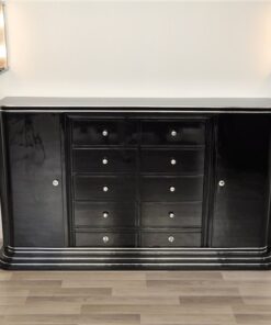 Art Deco Highboard, Drawer-Sideboard, highglossblack pianolacquer, 10 drawers and 1 door, plenty of storage space, red interior