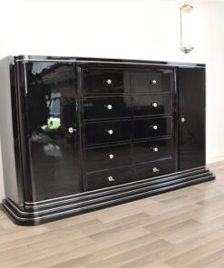 Art Deco Highboard, Drawer-Sideboard, highglossblack pianolacquer, 10 drawers and 1 door, plenty of storage space, red interior