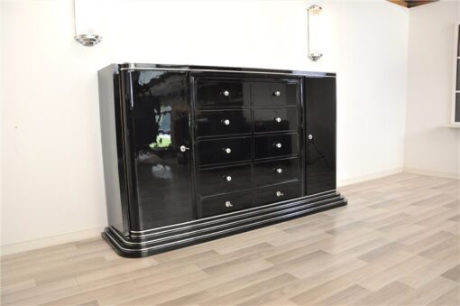 Art Deco Highboard, Drawer-Sideboard, highglossblack pianolacquer, 10 drawers and 1 door, plenty of storage space, red interior