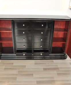 Art Deco Highboard, Drawer-Sideboard, highglossblack pianolacquer, 10 drawers and 1 door, plenty of storage space, red interior