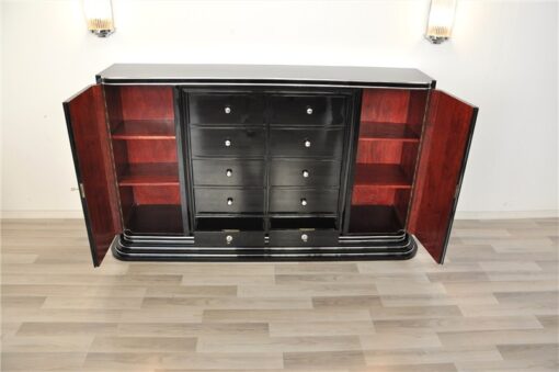 Art Deco Highboard, Drawer-Sideboard, highglossblack pianolacquer, 10 drawers and 1 door, plenty of storage space, red interior