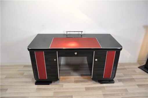 Art Deco Desk, red leather applications, chrome details, original locks, Belgium 1925