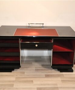 Art Deco Desk, red leather applications, chrome details, original locks, Belgium 1925