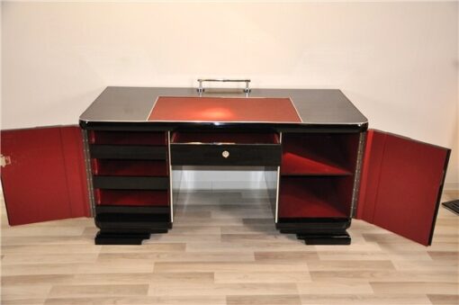 Art Deco Desk, red leather applications, chrome details, original locks, Belgium 1925