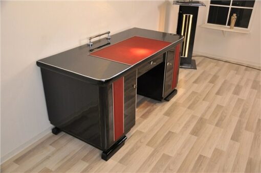 Art Deco Desk, red leather applications, chrome details, original locks, Belgium 1925