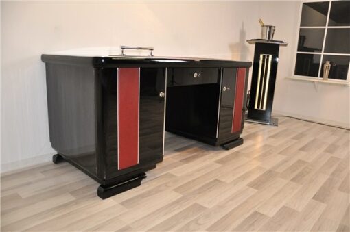 Art Deco Desk, red leather applications, chrome details, original locks, Belgium 1925