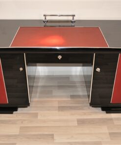 Art Deco Desk, red leather applications, chrome details, original locks, Belgium 1925