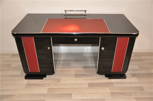 Art Deco Desk, red leather applications, chrome details, original locks, Belgium 1925