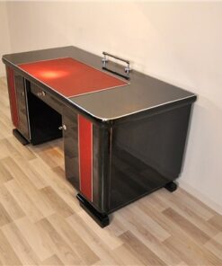 Art Deco Desk, red leather applications, chrome details, original locks, Belgium 1925