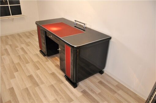 Art Deco Desk, red leather applications, chrome details, original locks, Belgium 1925