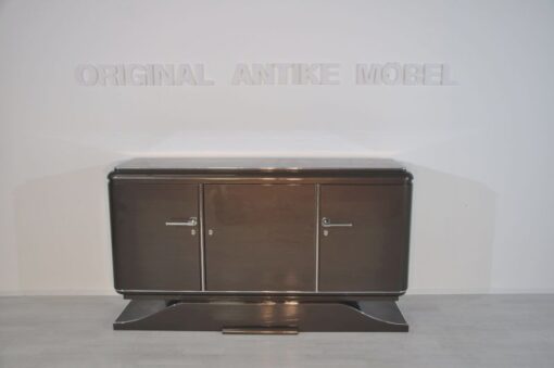 XXL Art Deco Sideboard, Metallic-Grey, seing foot, fine chrome details, interior made of mahogany, plenty of storage space, eyecatcher