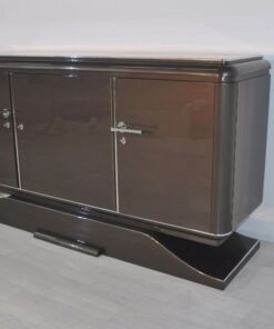 XXL Art Deco Sideboard, Metallic-Grey, seing foot, fine chrome details, interior made of mahogany, plenty of storage space, eyecatcher