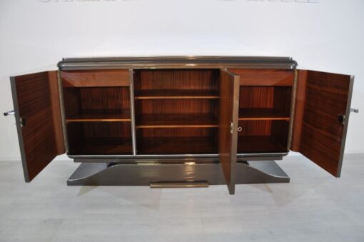 XXL Art Deco Sideboard, Metallic-Grey, seing foot, fine chrome details, interior made of mahogany, plenty of storage space, eyecatcher