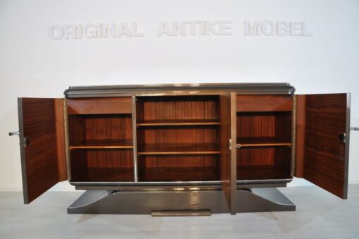 XXL Art Deco Sideboard, Metallic-Grey, seing foot, fine chrome details, interior made of mahogany, plenty of storage space, eyecatcher