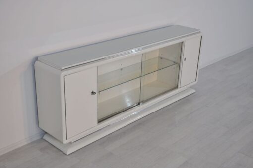 Art Deco Lowboard, Sideboard, Highggloss White, Shelve made of glass, chromebars, sliding doors, great design