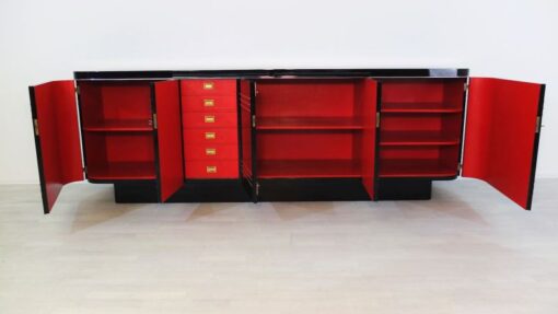 Art Deco Sideboard, Chromliner; Pianolacquer, red interior, wonderful foot, france1940