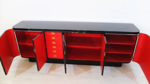 Art Deco Sideboard, Chromliner; Pianolacquer, red interior, wonderful foot, france1940