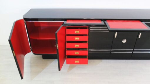 Art Deco Sideboard, Chromliner; Pianolacquer, red interior, wonderful foot, france1940