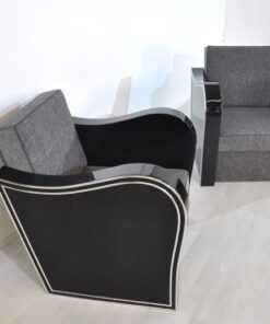 Wonderful Art Deco Armachair with great armrests.curved armrests first class upholstery made of grey fabricchromebarsout of a set of four / also available with black leather