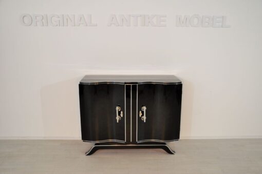 Art Deco, Commode, Wood, black, highgloss, pianolacquer, antique, chrome, original, restored, lacquerd, curved doors