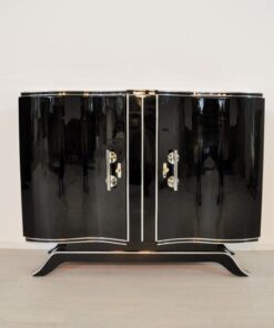 Art Deco, Commode, Wood, black, highgloss, pianolacquer, antique, chrome, original, restored, lacquerd, curved doors